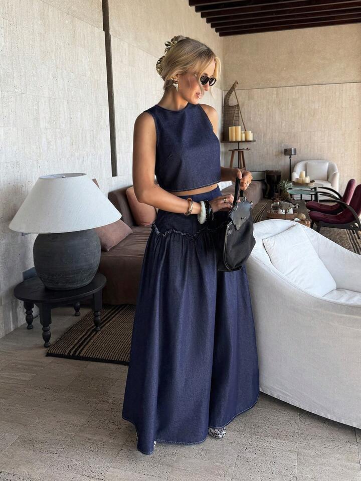 CM-SS155777 Women Casual Seoul Style Dark Wash Sleeveless Denim Vest Top With Flared Long Skirt - Set