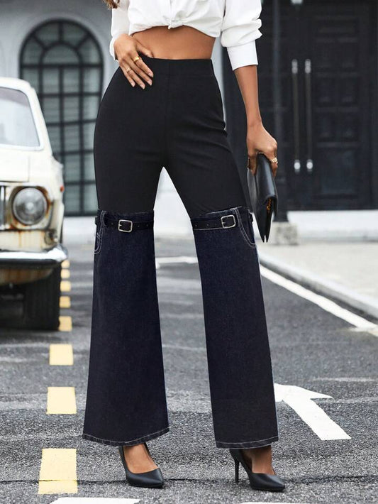 CM-BS565412 Women Casual Seoul Style Elastic Waist Contrast Denim Effect Flare Leg Pants - Black