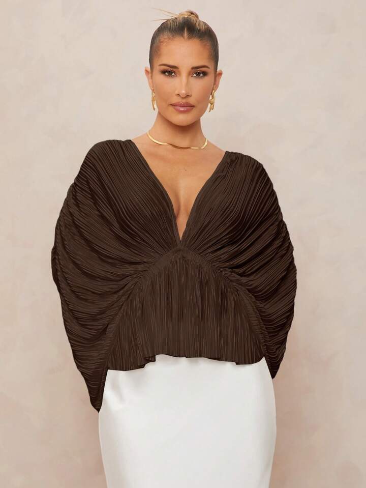 CM-TS201119 Women Elegant Seoul Style Deep V-Neck Oversized Ruffle Sleeves Loose Blouse - Brown