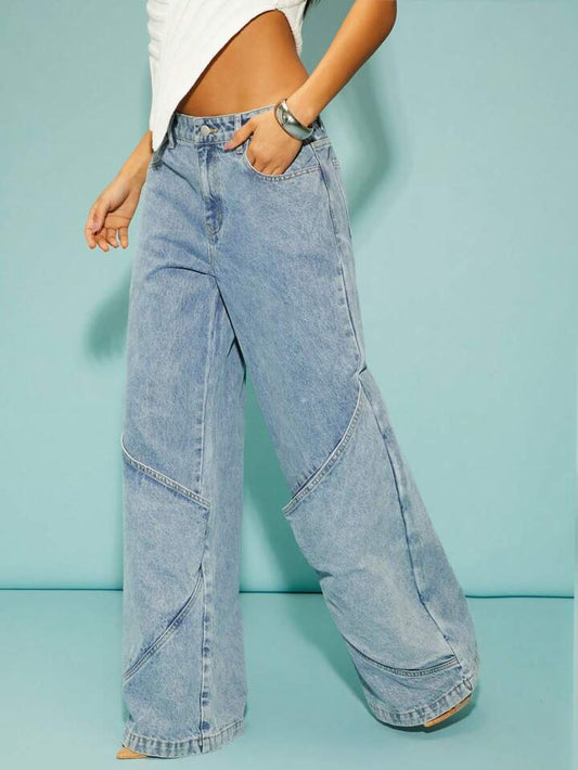 CM-BS342374 Women Casual Seoul Style Medium Wash Front Button Pocket Wide Leg Jeans