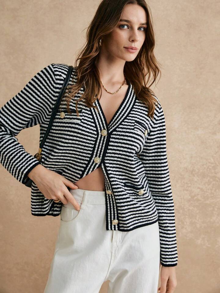 CM-CS994114 Women Casual Seoul Style Stripes V-Neck Long Sleeve Sweater Cardigans