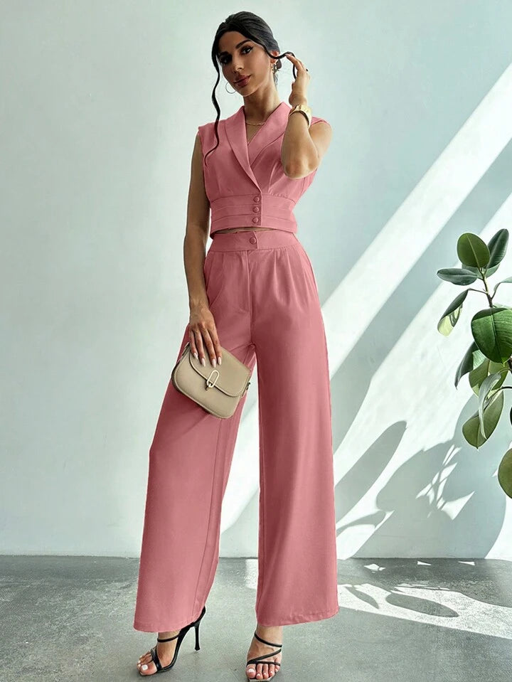 CM-SS413641 Women Elegant Seoul Style Collared Fitted Cap Sleeve Shirt With Straight-Leg Pants Suit - Dusty Pink