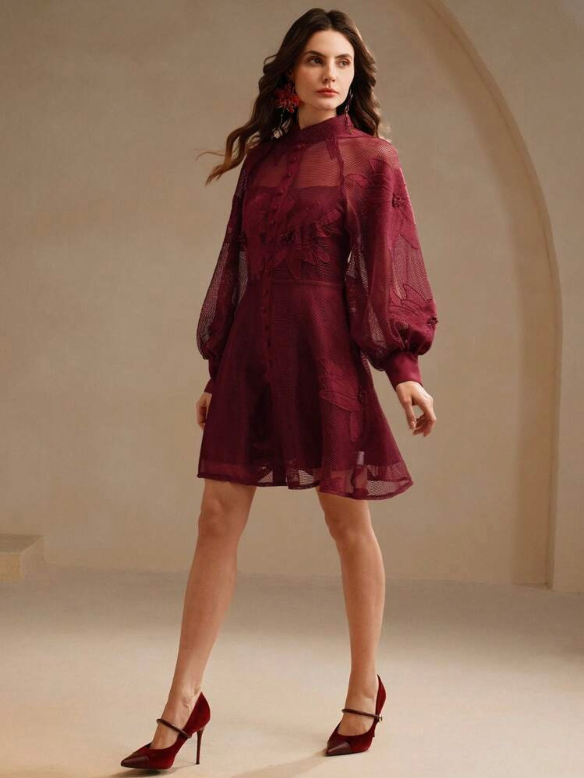 CM-DS494349 Women Elegant Seoul Style Collar Neckline Lace Cinched Waist Lantern Sleeve Dress - Red