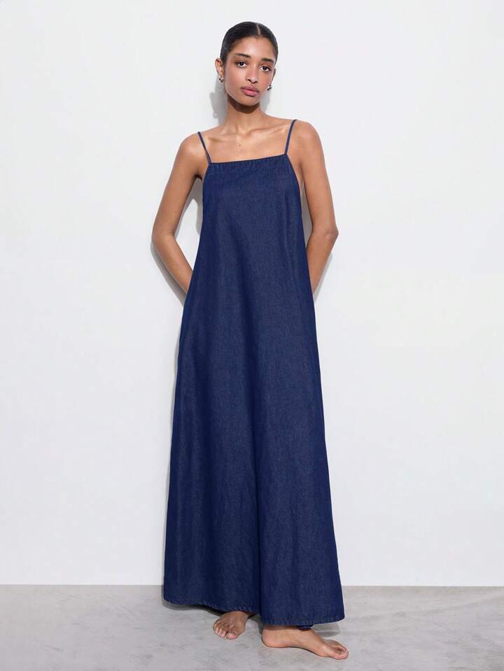 CM-DS922810 Women Casual Seoul Style Dark Wash Spaghetti Strap Slip Backless Denim Dress