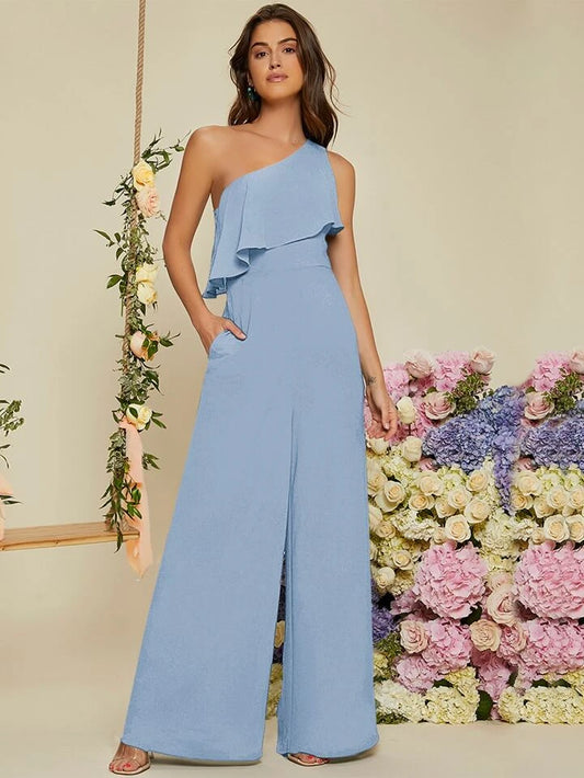 CM-JS109001 Women Elegant Seoul Style One Shoulder Ruffle Trim Wide Leg Jumpsuit - Baby Blue