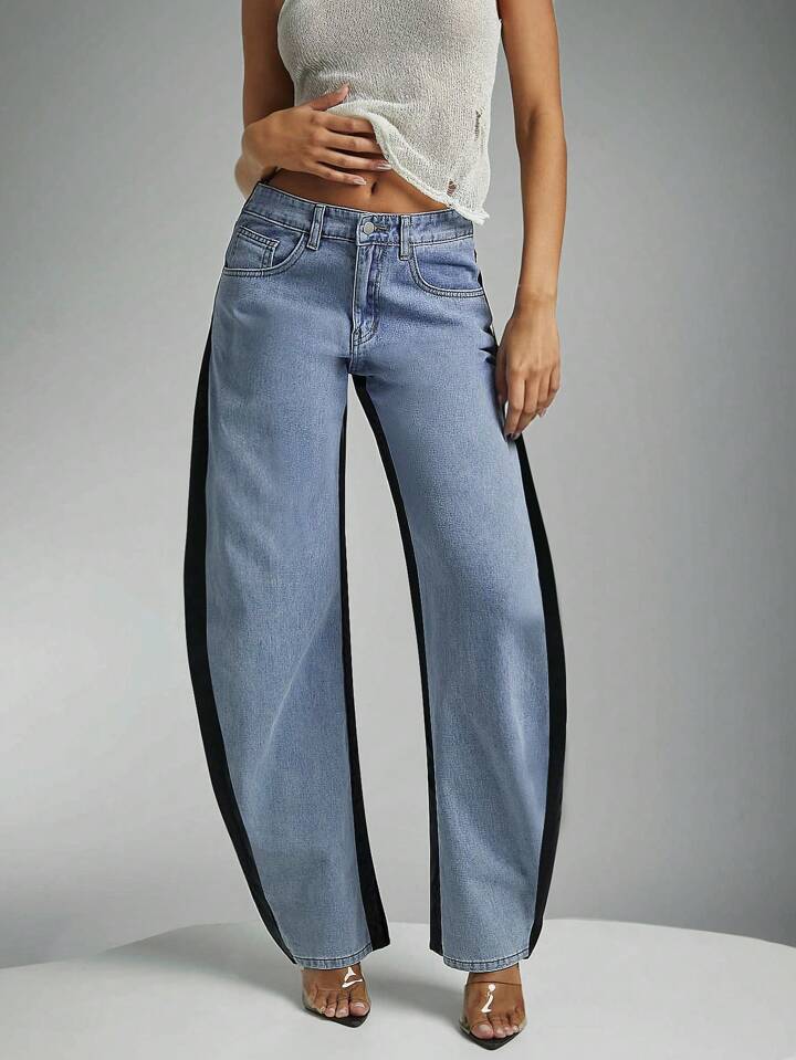 CM-BS471070 Women Casual Seoul Style Two-Tone Contrast-Color Pocket Denim Straight Leg Jeans