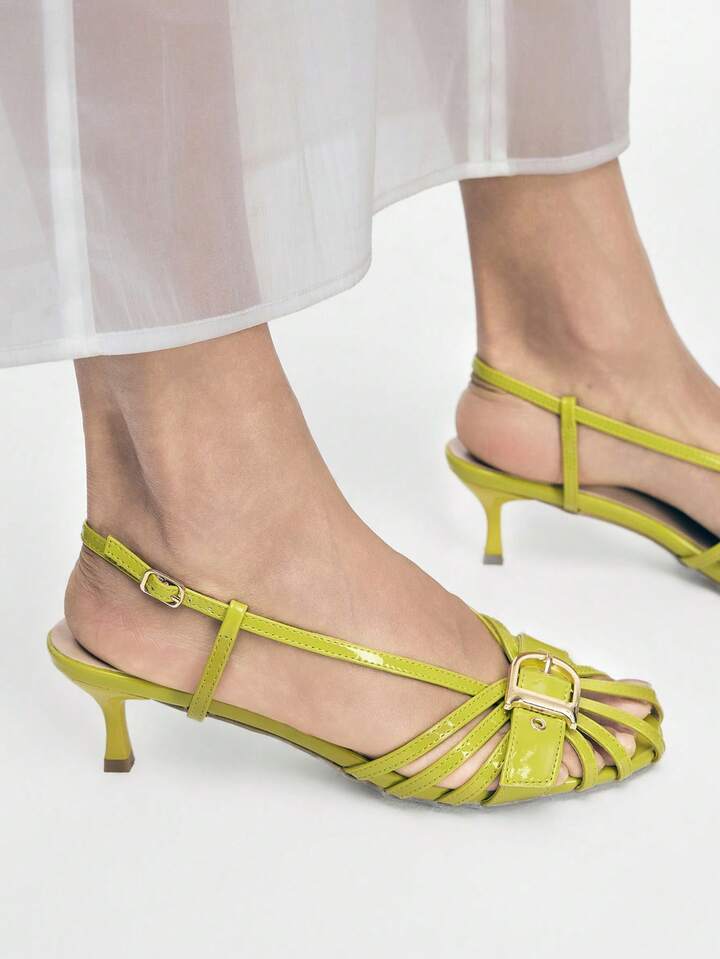 CM-SHS446705 Women Trendy Seoul Style Hollow Out Slingbacks Mid Heel Sandals - Light Green