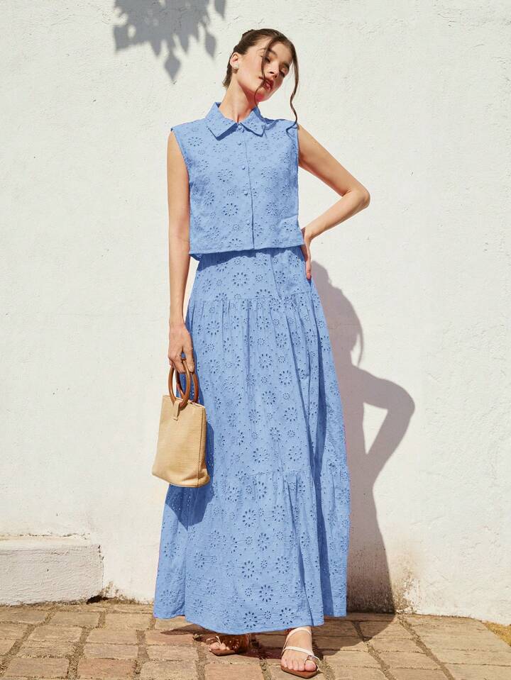 CM-SS287707 Women Casual Seoul Style Shirt Collar Sleeveless Loose Blouse With Ruched Maxi A-Line Skirt - Set