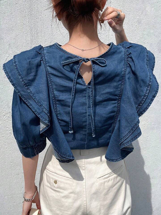 CM-TS697697 Women Casual Seoul Style Dark Wash Tie Neck Puff Sleeve Ruffle Trim Denim Blouse