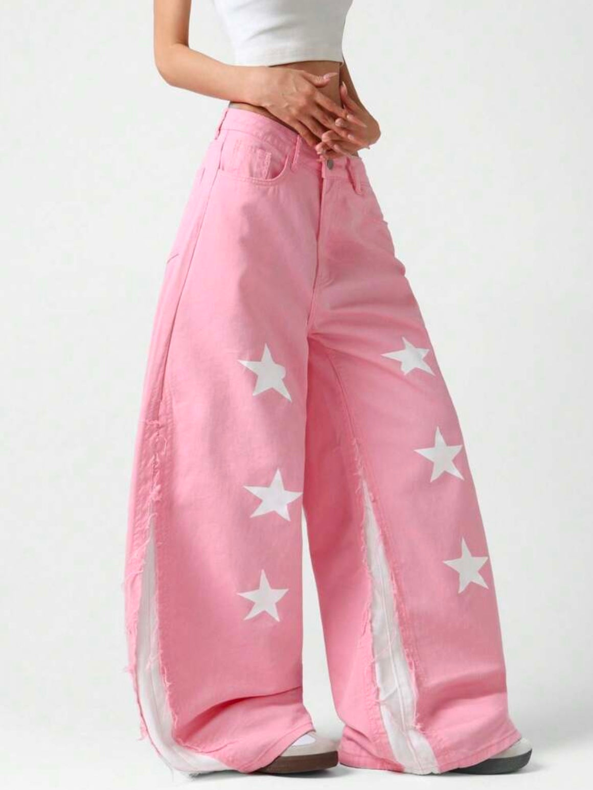 CM-BS311893 Women Casual Seoul Style Mid Waist Printed Patchwork Loose Wide Leg Denim Jeans - Pink