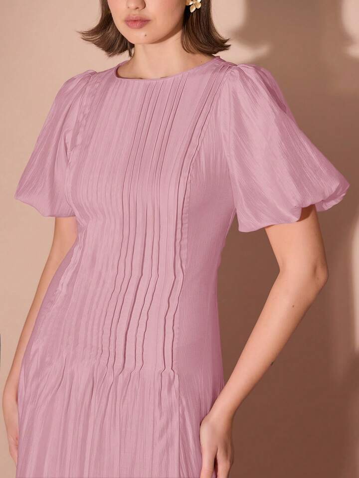 CM-DS126771 Women Elegant Seoul Style Round Neck Bubble Pleat Puff Long Sleeve Maxi Dress - Dusty Pink