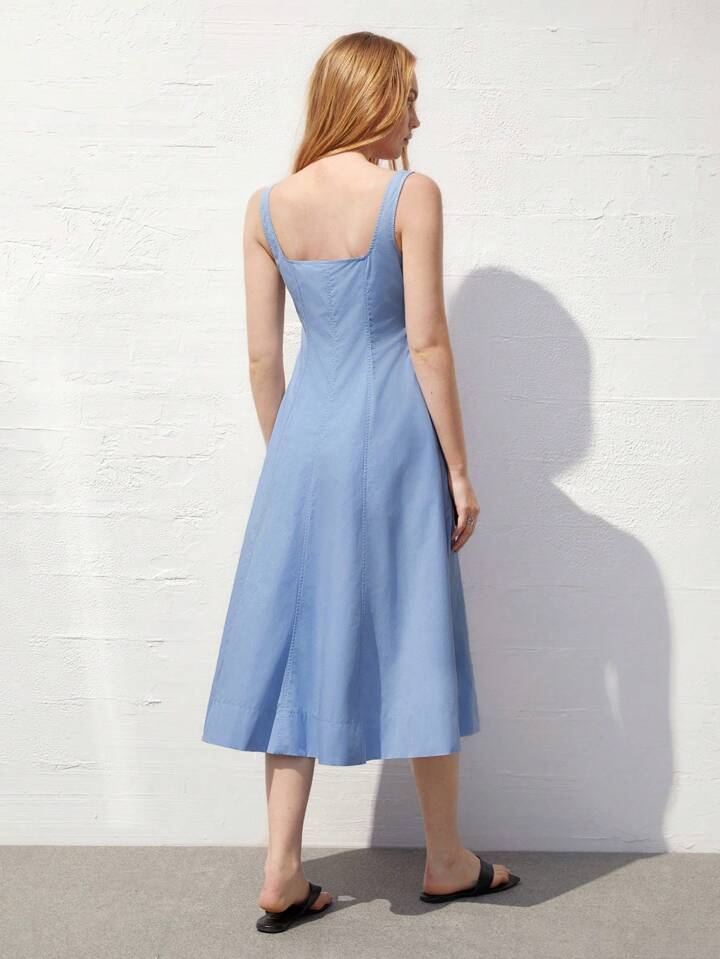 CM-DS547254 Women Casual Seoul Style Square Neck Sleeveless Cinched Waist Dress - Blue