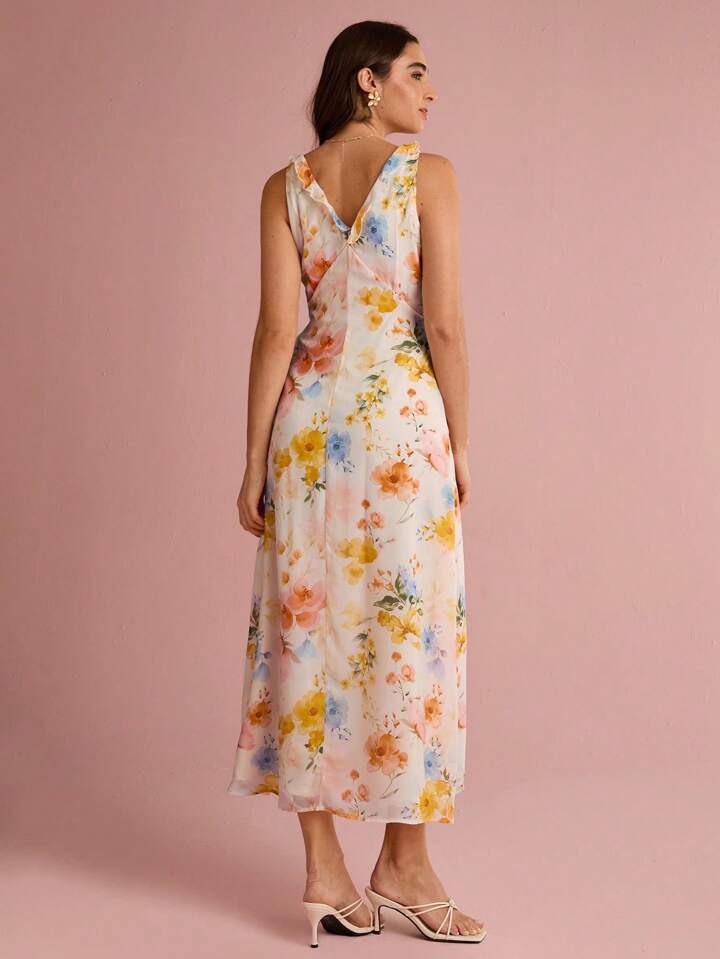 CM-DS419967 Women Trendy Bohemian Style Floral Print V-Neck Ruffle Trim Sleeveless Maxi Dress