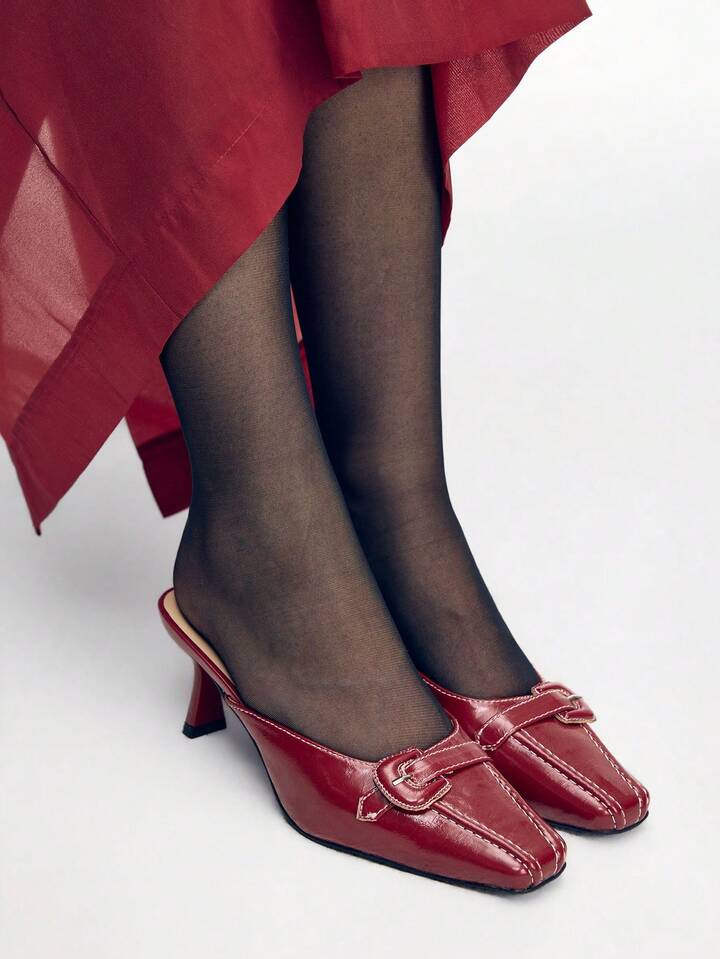 CM-SHS859258 Women Trendy Seoul Style Buckle Design High Heel Mules - Burgundy