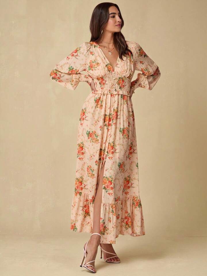 CM-DS402014 Women Elegant Seoul Style Floral Print V-Neck Long Sleeve High Waist Maxi Dress - Orange