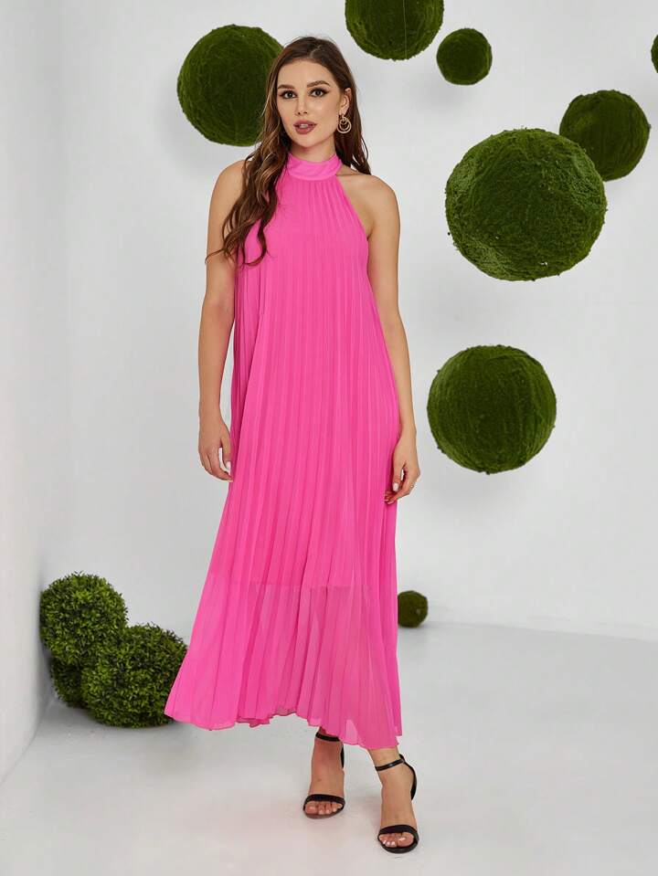CM-DS373674 Women Casual Seoul Style Halter Neck Off Shoulder Pleated Maxi Dress - Hot Pink