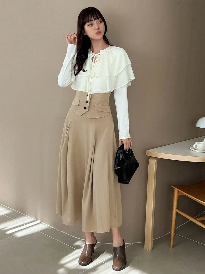 CM-BS000500 Women Trendy Bohemian Style High Waist Button Detail Skirt - Khaki
