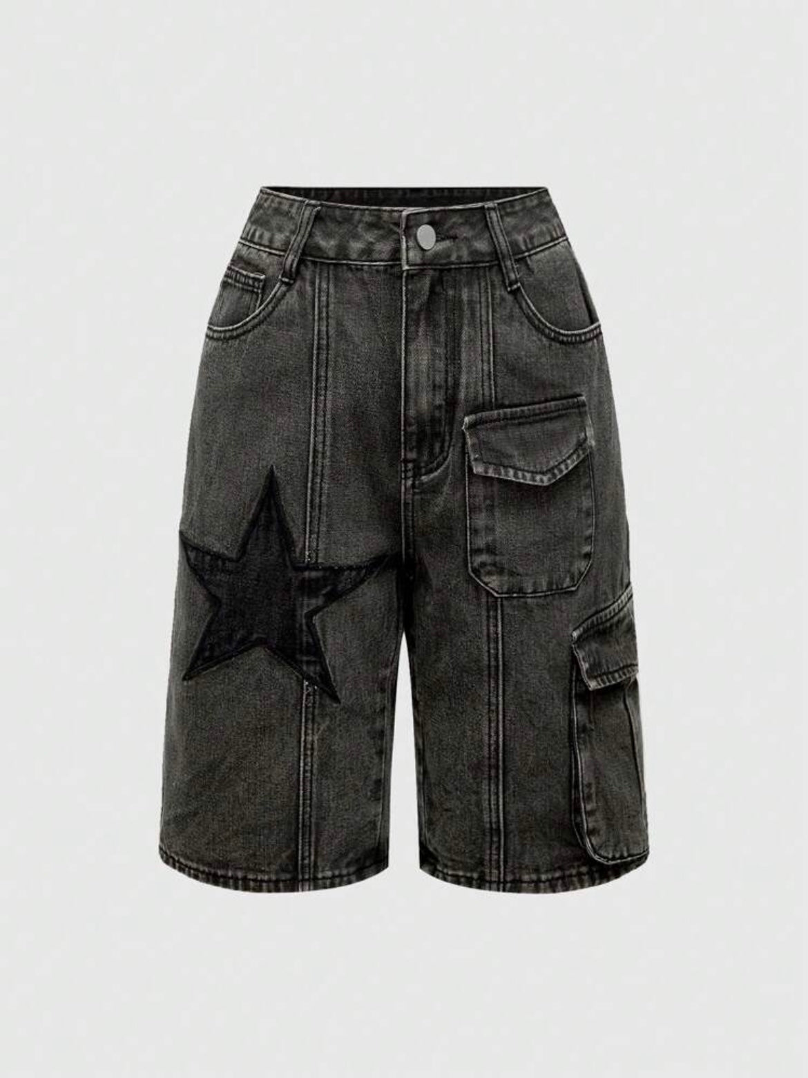 CM-BS093070 Women Casual Seoul Style Star 3D Pocket Distressed Washed Denim Bermuda Shorts - Black