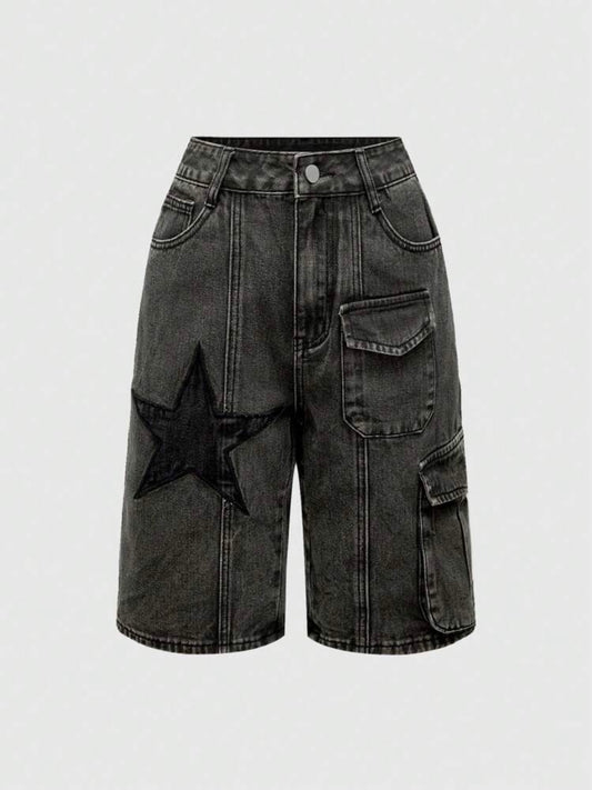 CM-BS093070 Women Casual Seoul Style Star 3D Pocket Distressed Washed Denim Bermuda Shorts - Black