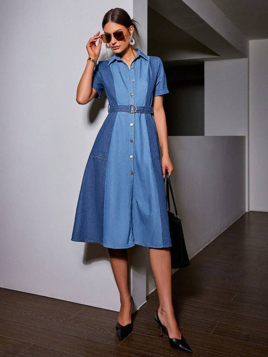 CM-DS846599 Women Elegant Seoul Style Denim-Effect Print Short Sleeve D-Ring Belted Dress - Blue