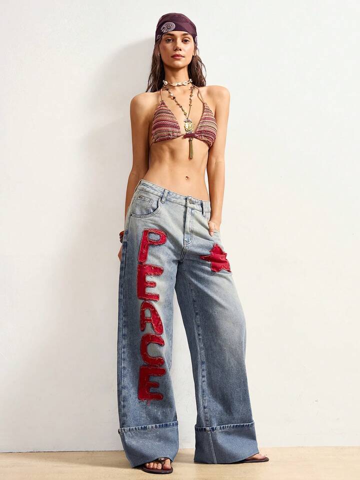 CM-BS472211 Women Casual Seoul Style Medium Wash Color-Blocked Embroidered Loose Fit Denim Jeans