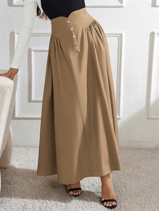 CM-BS236107 Women Elegant Seoul Style Button Decorated Pleated Skirt - Khaki