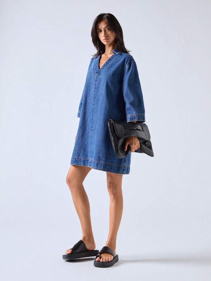 CM-DS233229 Women Casual Seoul Style V-Neck Half Sleeve Mid Waist Loose Mini Denim Dress - Blue