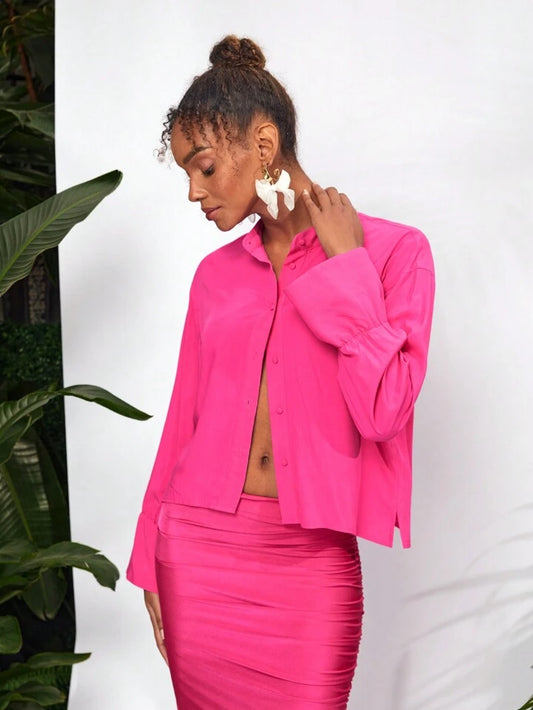CM-TS251022 Women Casual Seoul Style Stand Collar Loose Irregular Hem Shirt - Hot Pink