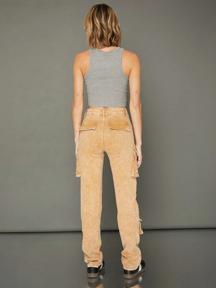 CM-BS124121 Women Casual Seoul Style Premium Denim Straight Leg Cargo Jeans - Khaki