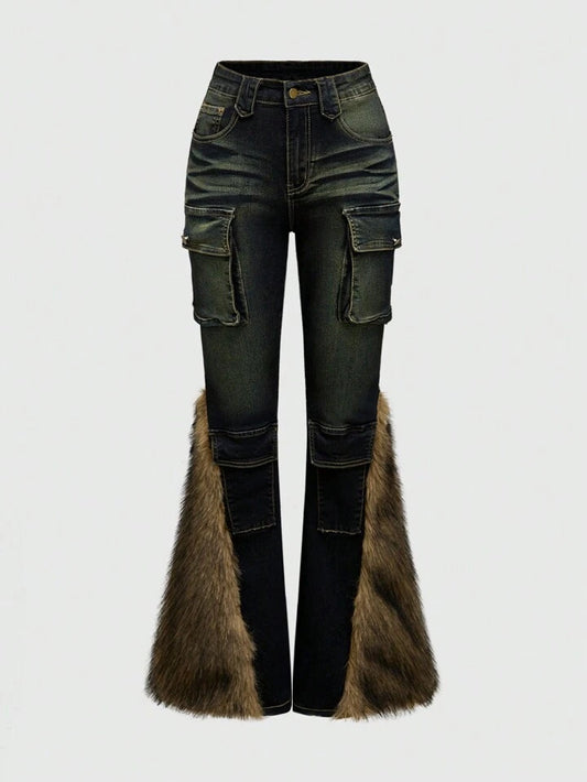 CM-BS184904 Women Casual Seoul Style Raw Hem 3D Pocket Skinny Flare Leg Jeans