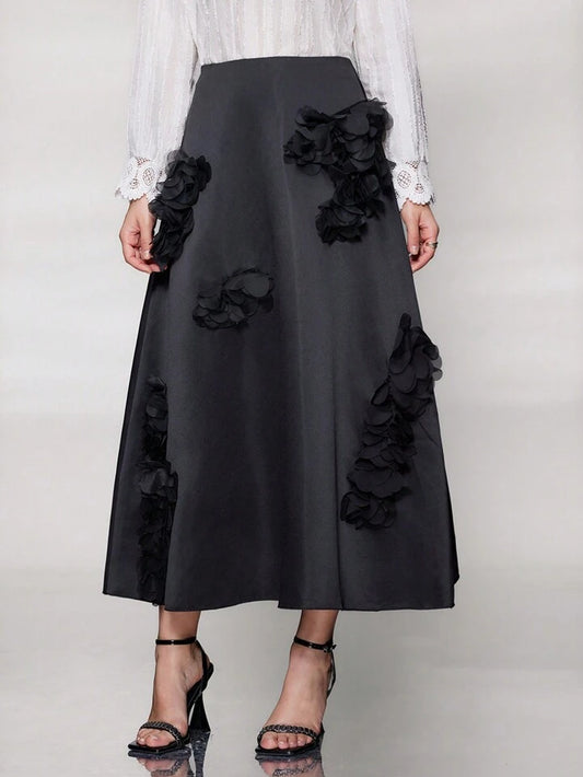 CM-BS777667 Women Elegant Seoul Style 3D Floral Decorated A-Line Skirt - Black
