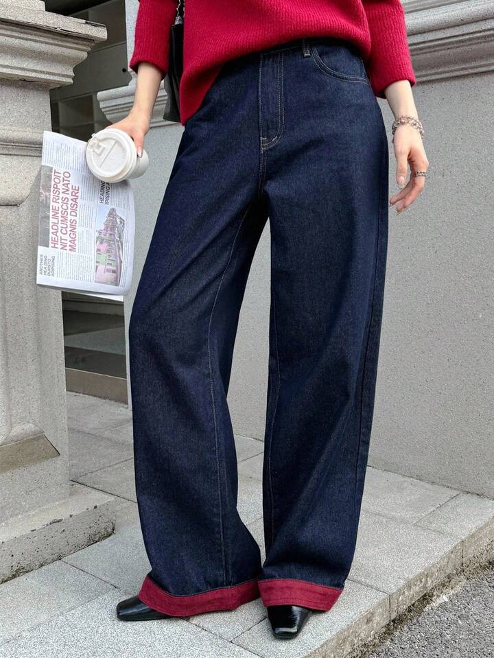 CM-BS215262 Women Casual Seoul Style Dark Wash Contrasting Edge High Waist Extra Long Wide Leg Jeans