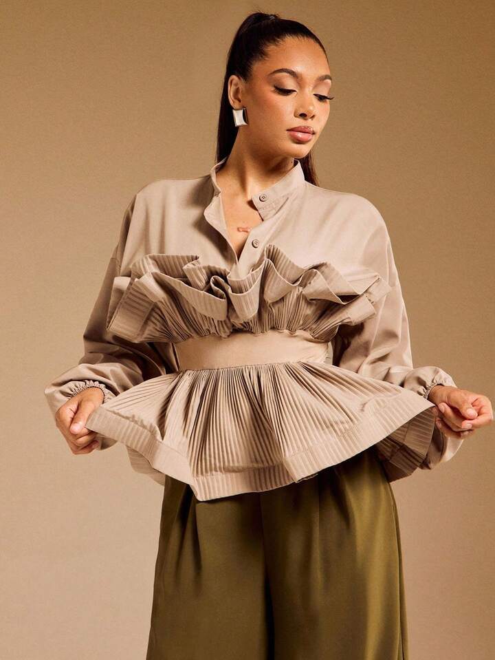 CM-TS852003 Women Elegant Seoul Style Stand Collar 3/4 Sleeve Ruffle Peplum Balloon Sleeve Woven Top - Khaki