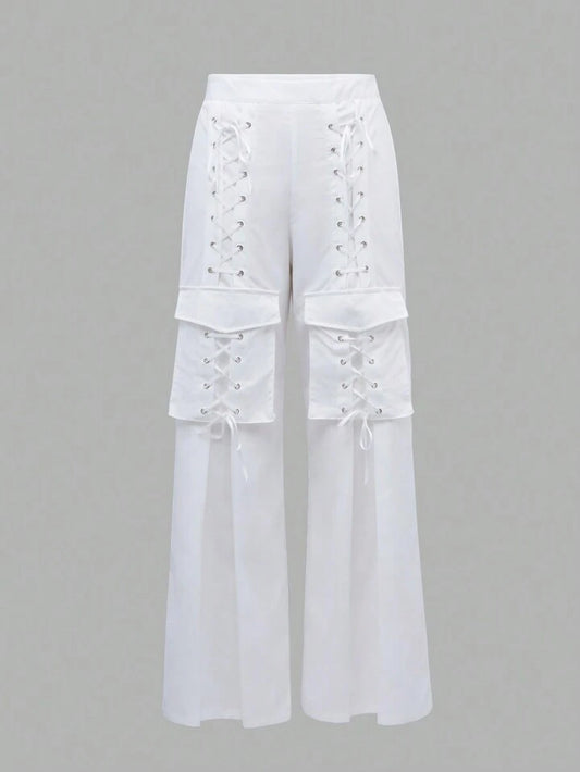 CM-BS641373 Women Casual Seoul Style Tie Drop Waist Slit Hem Straight Leg Pants - White