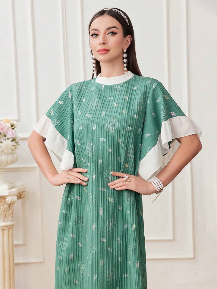 CM-DS800078 Women Casual Seoul Style Floral Leaf Print Patchwork Ruffle Hem Dress - Green