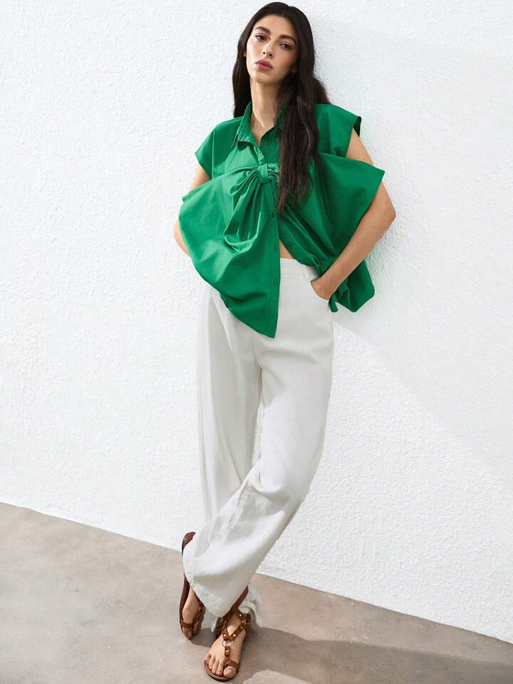 CM-TS799775 Women Casual Seoul Style Oversized Bow Detail Drop Shoulder Sleeveless Blouse - Green