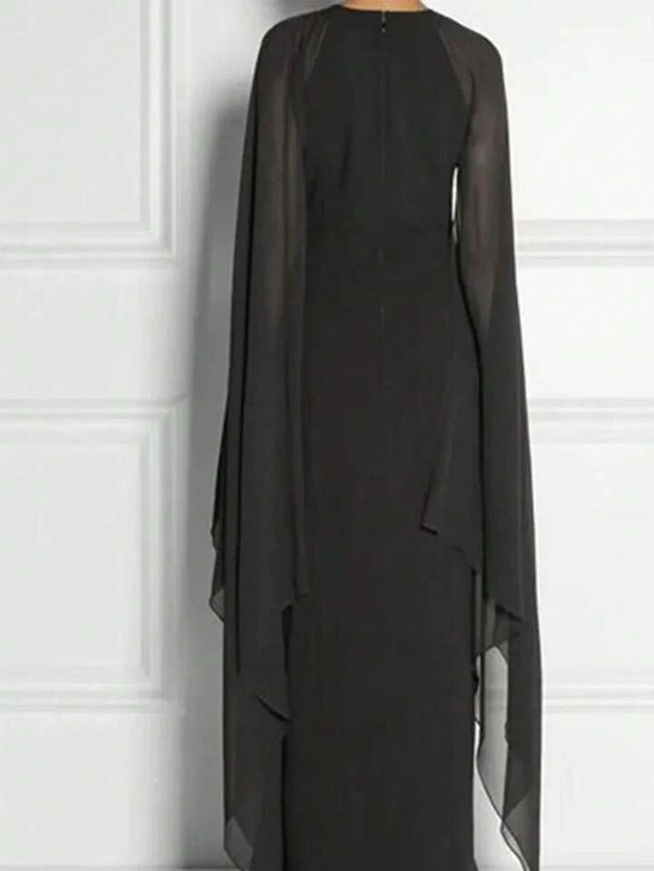 CM-DS197207 Women Elegant Seoul Style Round Neck Sleeveless Cape Split Maxi Dress - Black