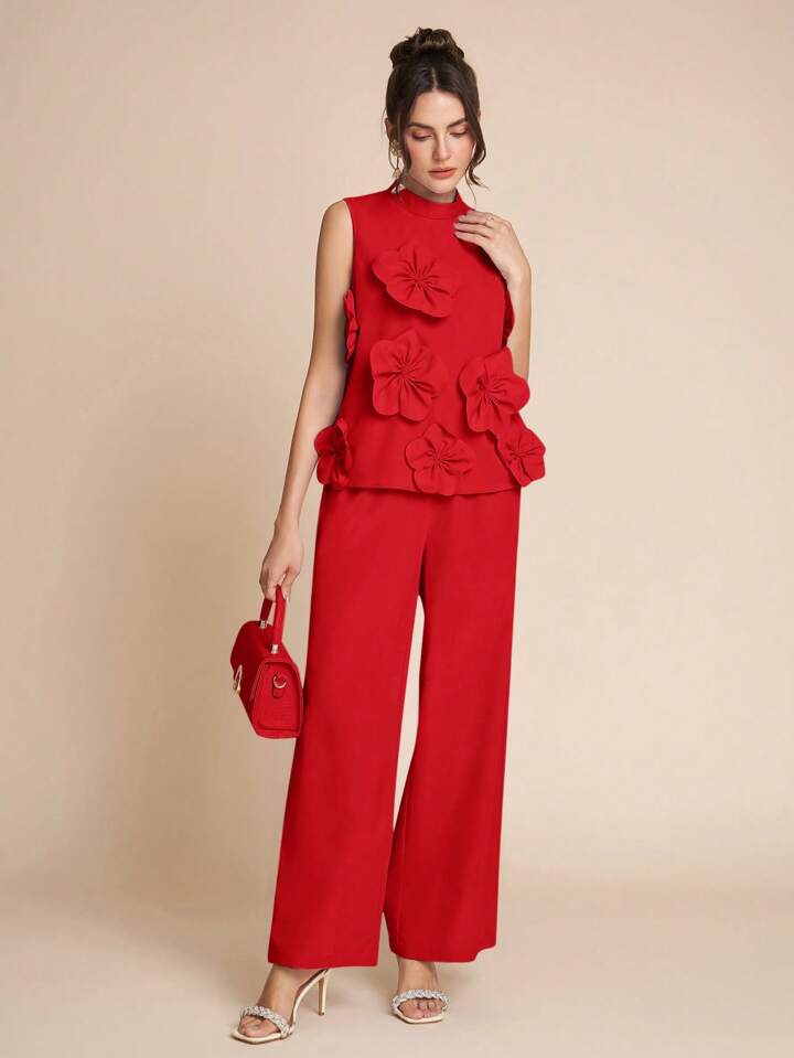 CM-SS257117 Women Elegant Seoul Style Stand Colllar Sleeveless 3D Floral Decor Top With Wide Leg Pants - Set