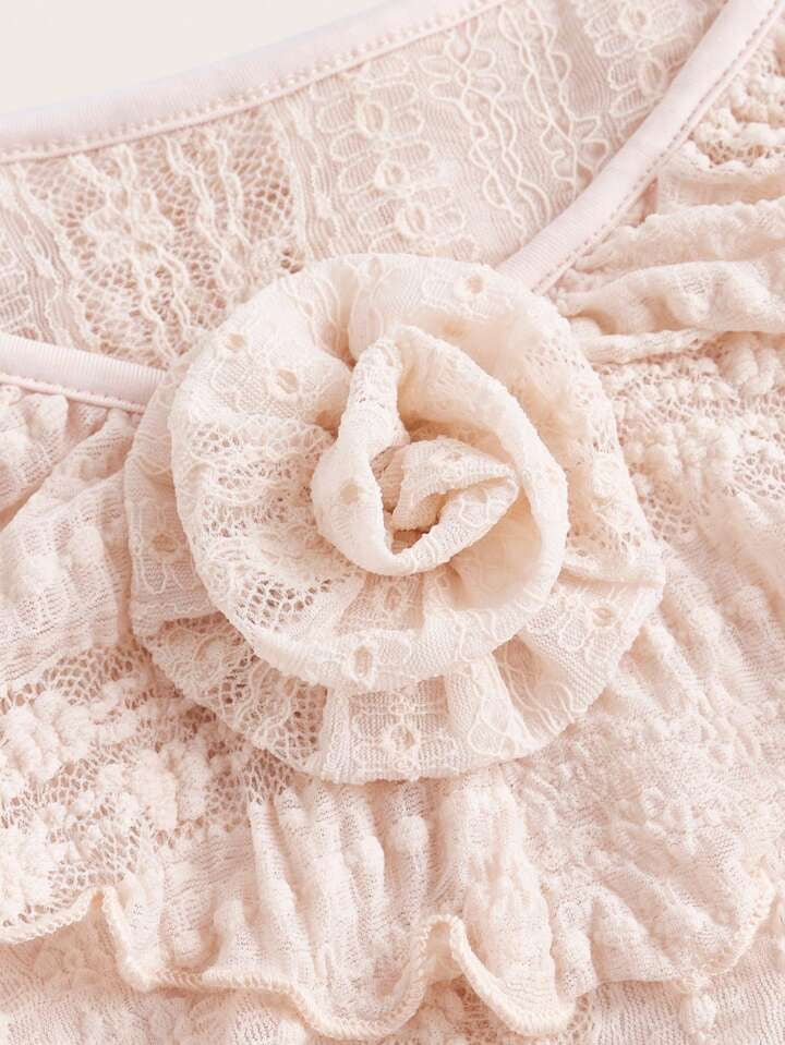 CM-TS783398 Women Casual Seoul Style Lace V-Neck Ruffle Hem Long Sleeve T-Shirt - Pink