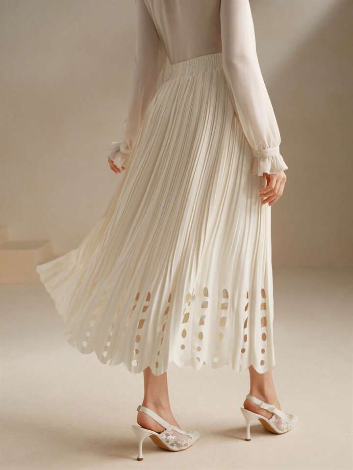 CM-BS200717 Women Elegant Seoul Style Hollow Elastic Waist Pleated Midi Skirt - White