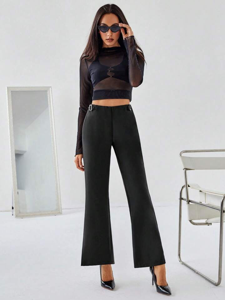 CM-BS551610 Women Elegant Seoul Style Solid Color Elastic Waist Slim Fit Flared Pants - Black