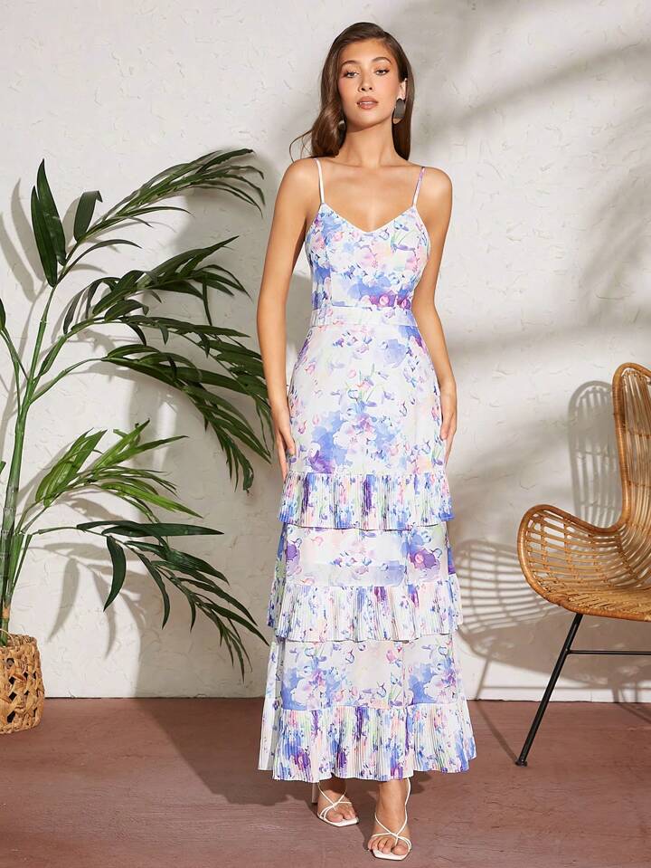 CM-DS045751 Women Elegant Seoul Style Spaghetti Strap Floral Tiered Ruffle Tie Back Dress
