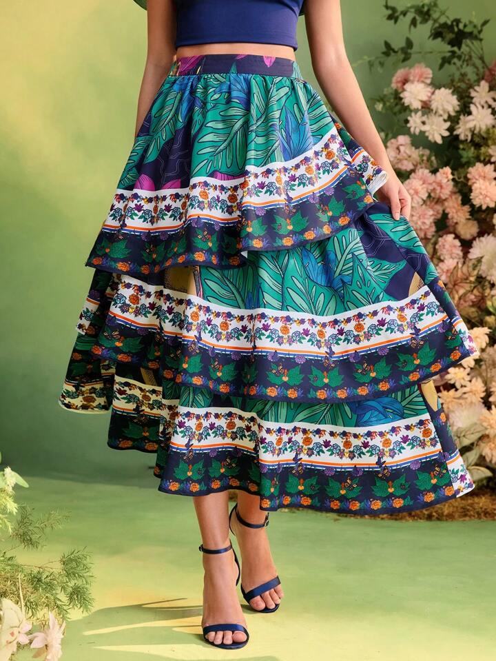 CM-BS132559 Women Elegant Seoul Style Tropical Printed High-Waist Ruffled Layered Midi Skirt
