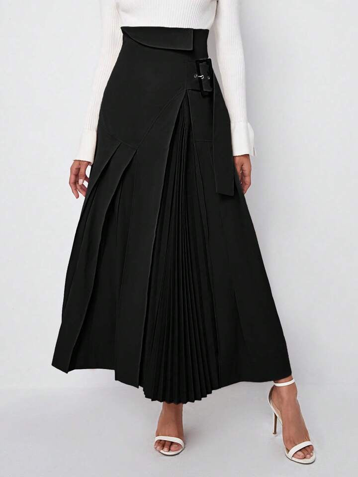 CM-BS293192 Women Elegant Seoul Style High Waist Buckle Strap Pleated Skirt - Black