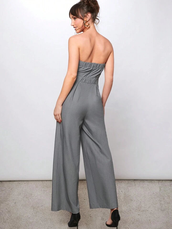 CM-JS548483 Women Elegant Seoul Style Tube High Waist Wrap Wide Leg Jumpsuit - Gray