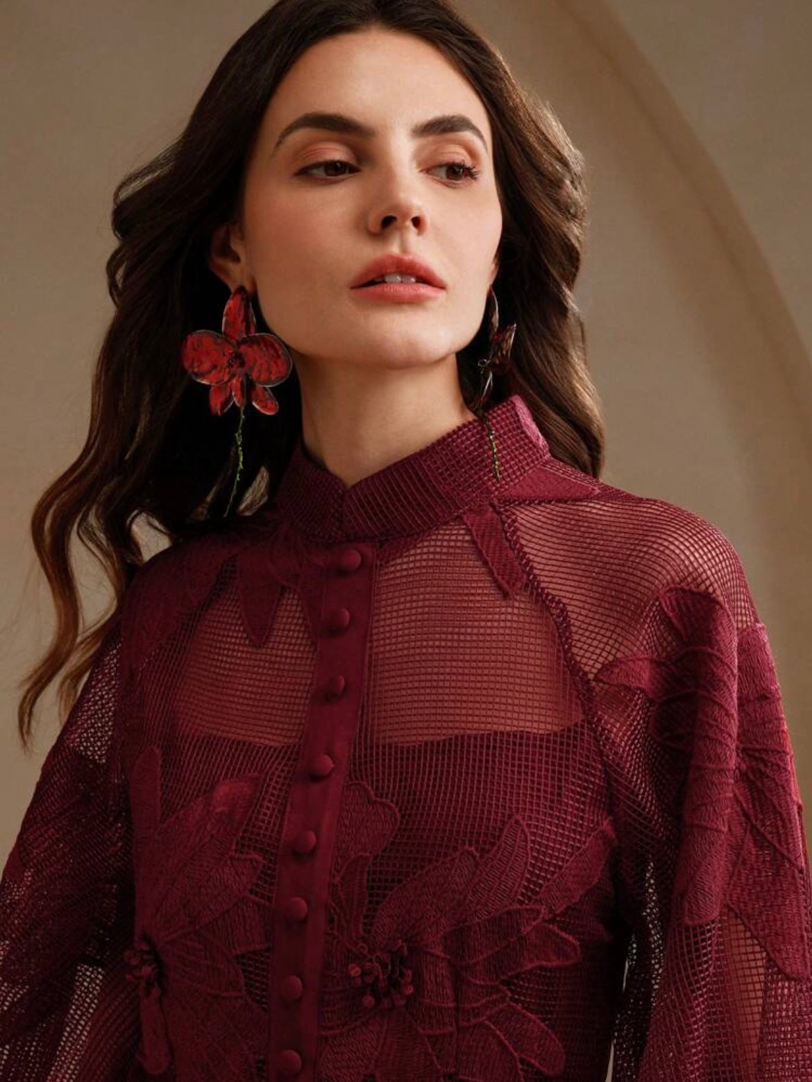 CM-DS494349 Women Elegant Seoul Style Collar Neckline Lace Cinched Waist Lantern Sleeve Dress - Red