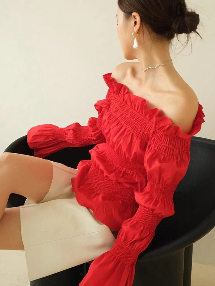 CM-TS701937 Women Trendy Bohemian Style Bubble Sleeve Off-Shoulder Wrinkled Shirt - Red