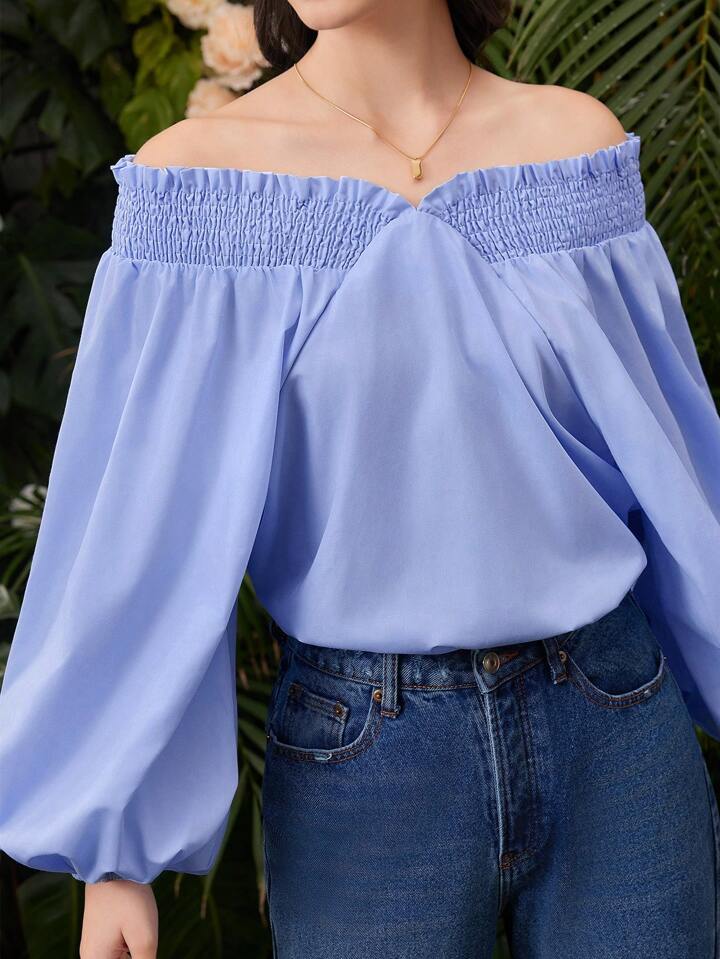 CM-TS936275 Women Casual Seoul Style Off Shoulder Lantern Sleeve Shirt - Blue