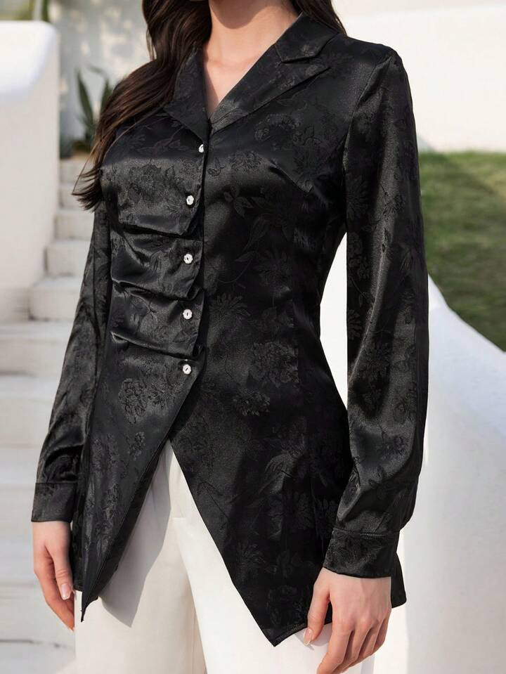 CM-TS747077 Women Elegant Seoul Style Jacquard Lapel Neckline Long Sleeve Shirt - Black