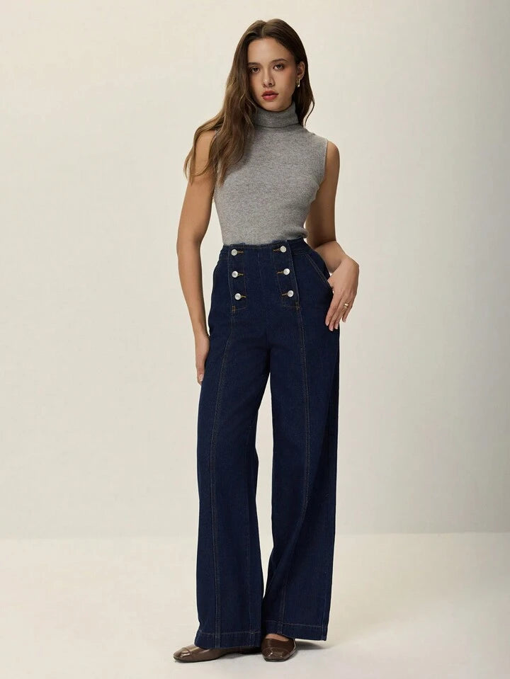 CM-BS596391 Women Casual Seoul Style Dark Wash Skinny Fit Straight Leg Extra Long Jeans